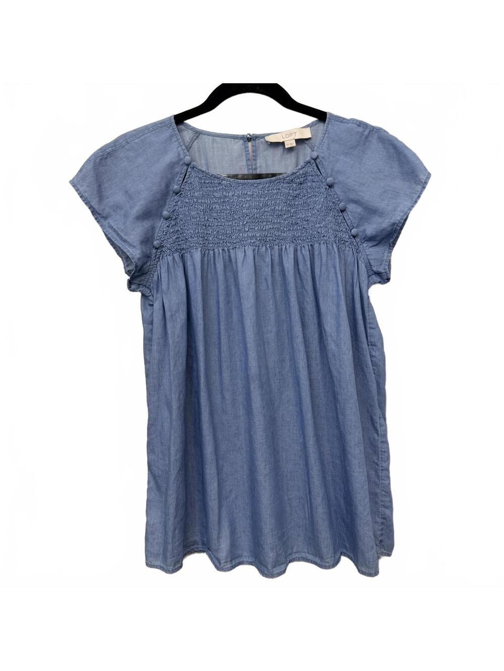 LOFT Women's XS Light Blue Smocked Short Sleeve Top